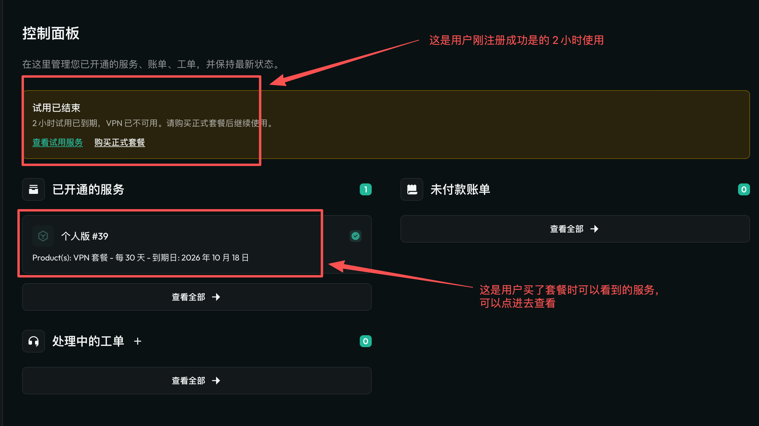 Dashboard: check trial status and active services, then open a service for connection details.